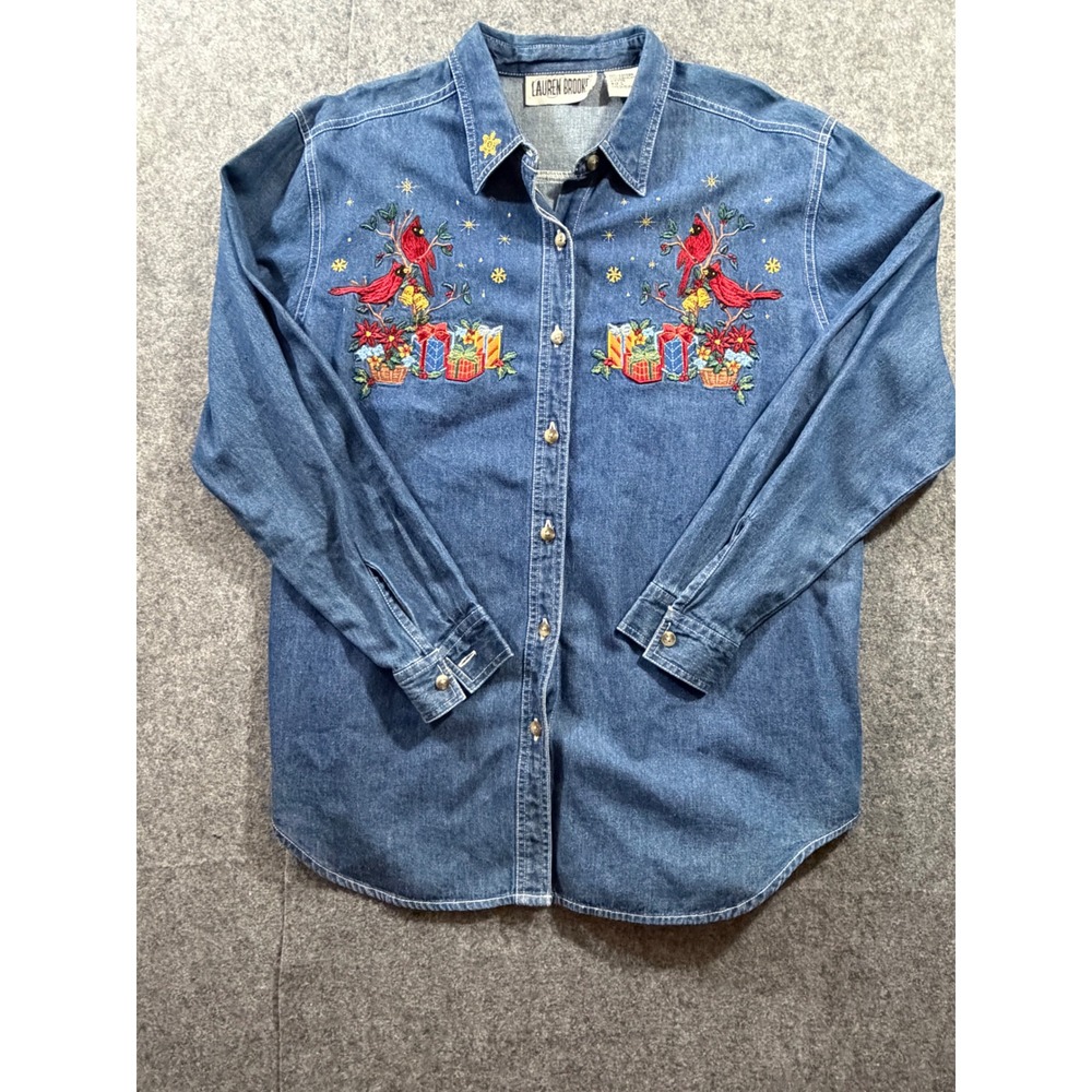 Lauren Brooke Vintage Christmas Denim Shirt Large Embroidered Cardinals Presents